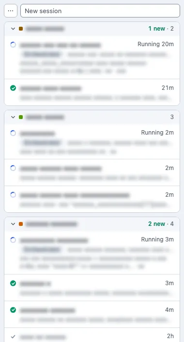 The Sessions panel in iTerm2's side panel: three parallel runs, each a card with its colour chip and a count of sessions newly finished, rows spinning while a session works, green checks on the ones finished since last opened, and times like Running 20m. Session names and status lines are blanked out.