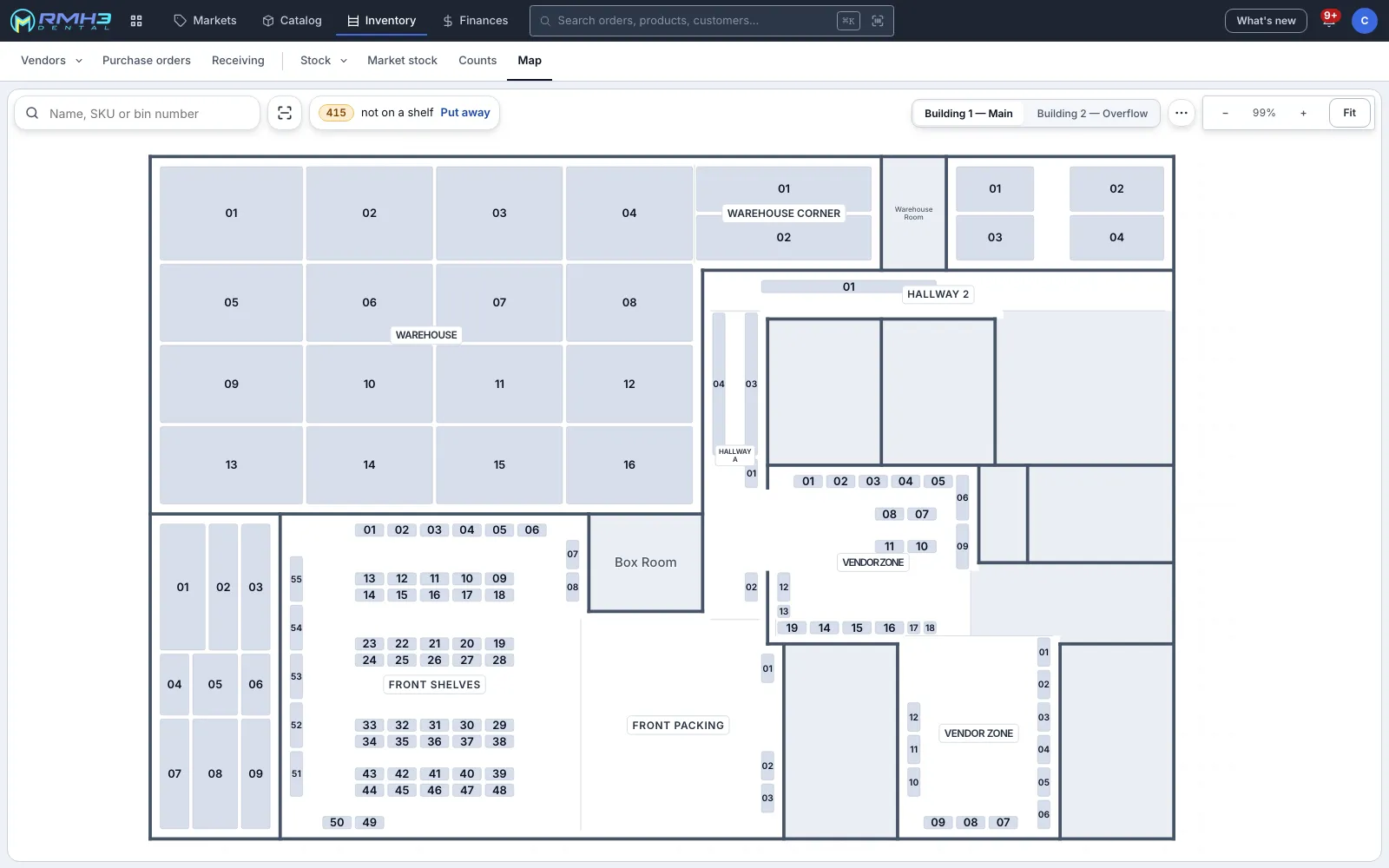 The ERP's warehouse map: a floor plan of the main building with its storage areas named and their numbered locations, a building switcher, a bin search and a count of 415 items not yet on a shelf. Rooms that aren't storage are left unlabeled, and two zones named for suppliers read "Vendor zone".